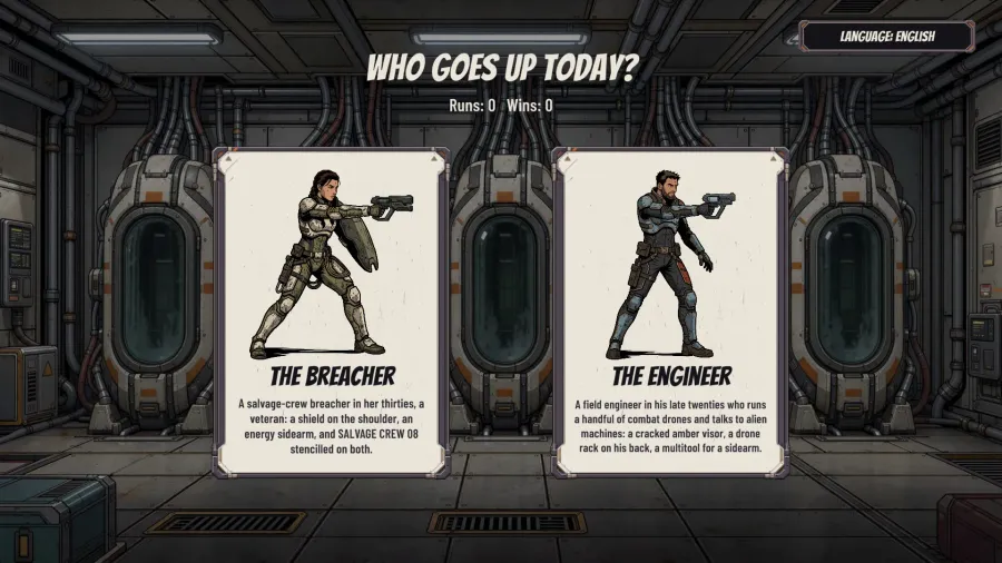Starshined running in Unity: the cloning bay asking "Who goes up today?", with two characters to choose from — the Breacher, a salvage-crew veteran with a shield, and the Engineer, who talks to alien machines.