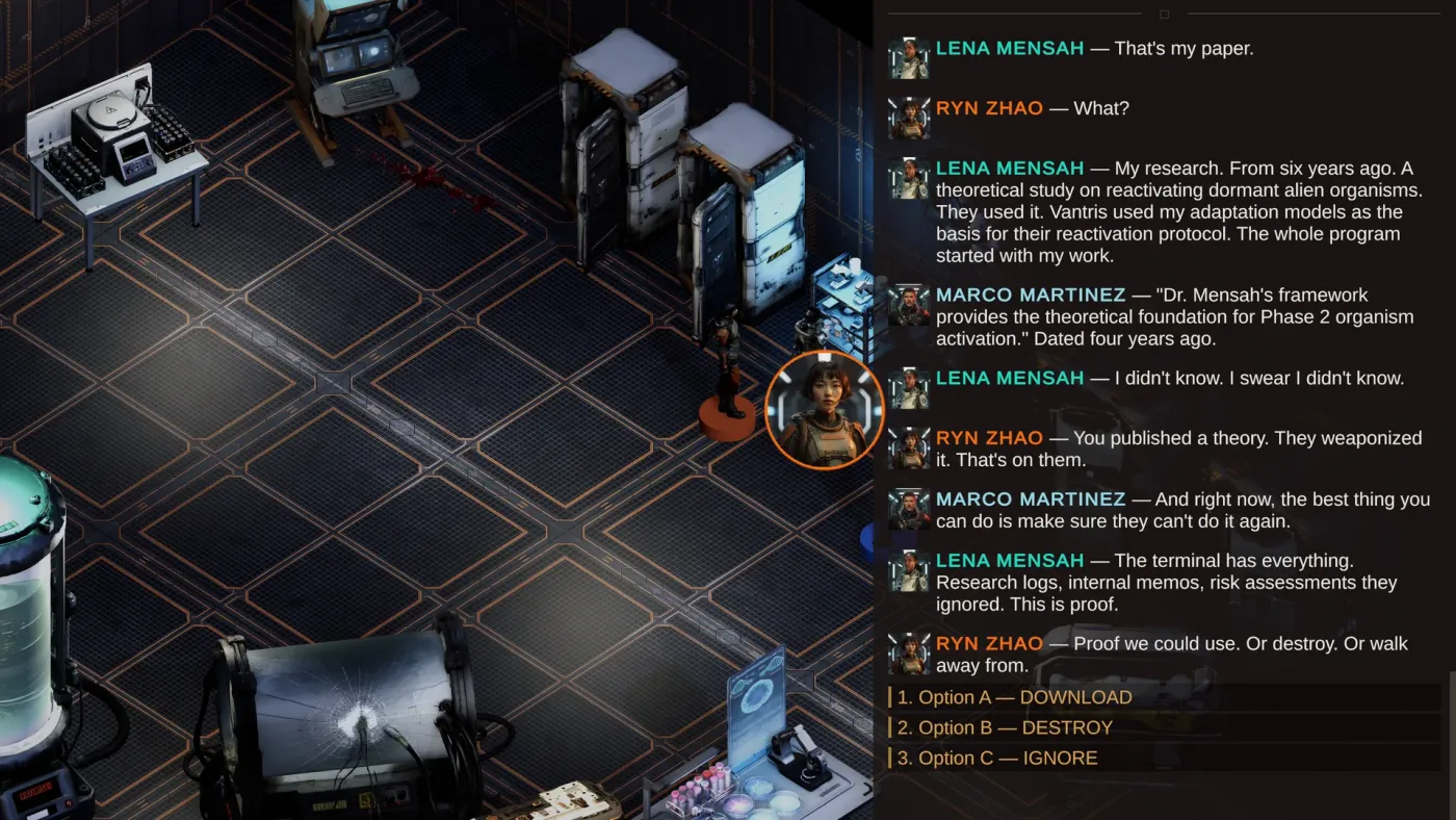 The same conversation running in Unity: the dialogue log ends on Ryn’s "Proof we could use. Or destroy. Or walk away from." above the options Download, Destroy and Ignore, each speaker’s name in their own colour.