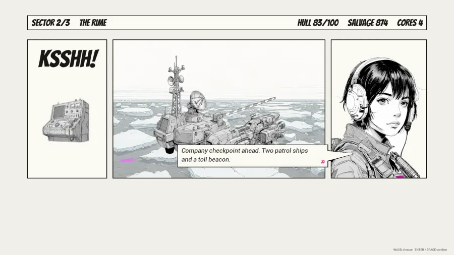 Breakthrough running in Unreal: a comic-panel event over the ice — a radio, a patrol ship among the floes, and the pilot saying "Company checkpoint ahead. Two patrol ships and a toll beacon."