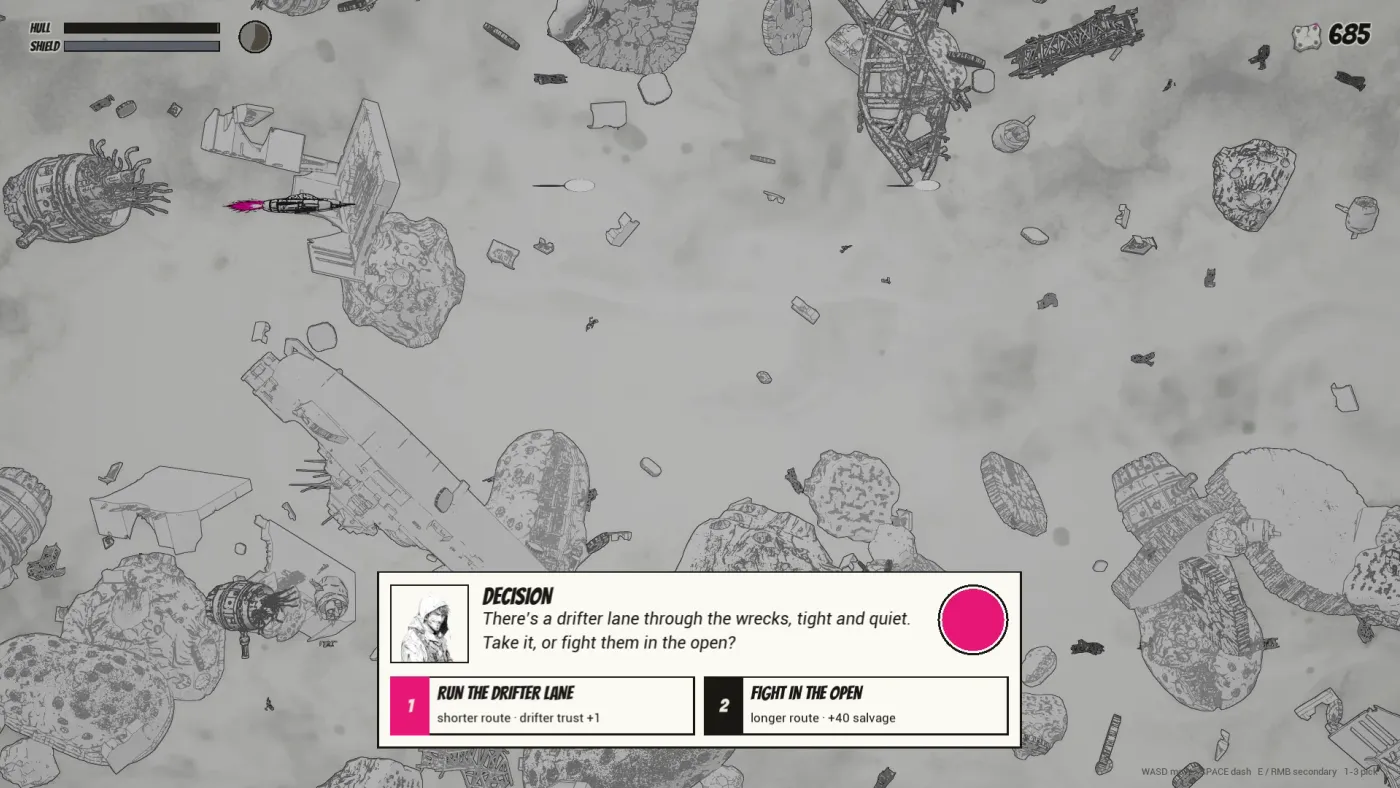 The same decision running in Unreal, mid-flight over the debris field: Silas’s card asks whether to run the drifter lane (shorter route, drifter trust +1) or fight in the open (longer route, +40 salvage), with the timer counting down.
