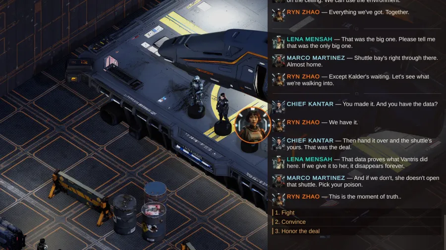 Extraction running in Unity: the shuttle bay at the end of the story, a dialogue log of the crew arguing on the right, and the player's three options at the bottom of it.