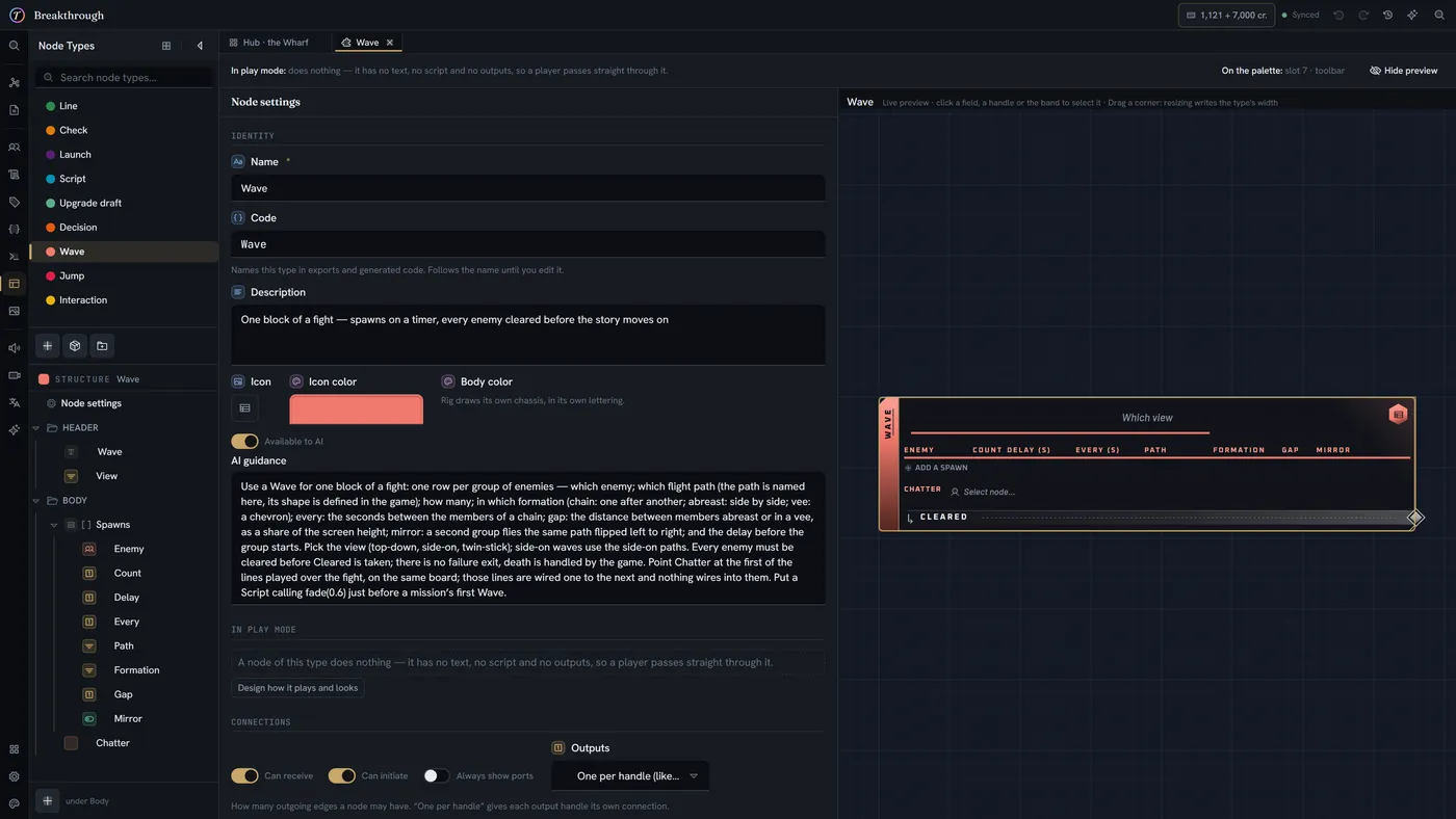 The node builder editing a type called Wave: its structure on the left (a header, then a list of spawns with enemy, count, delay, path, formation, gap and mirror fields, then a chatter line), its settings and AI guidance in the middle, and a live preview of the card on the right — a dark cut-corner card with WAVE up its spine.