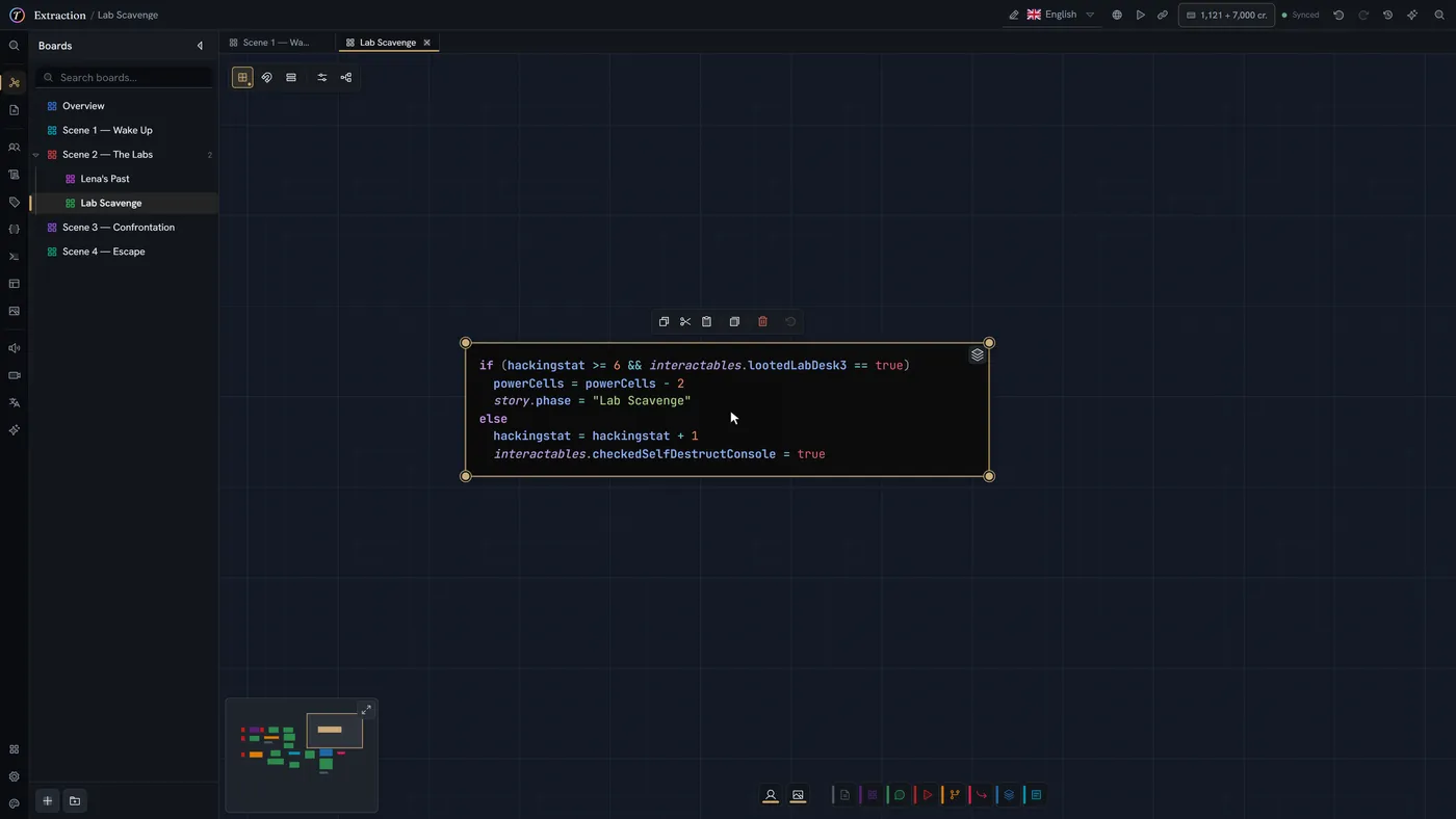 A code node holding an if/else expression over the project's variables. Another statement is typed into it and the editor answers as it goes — suggesting the project's own entities, and showing the parameter hints for a command call while its arguments are filled in. The same code then opens in a visual editor, laid out as an if/else with its assignments and the command call as editable rows.