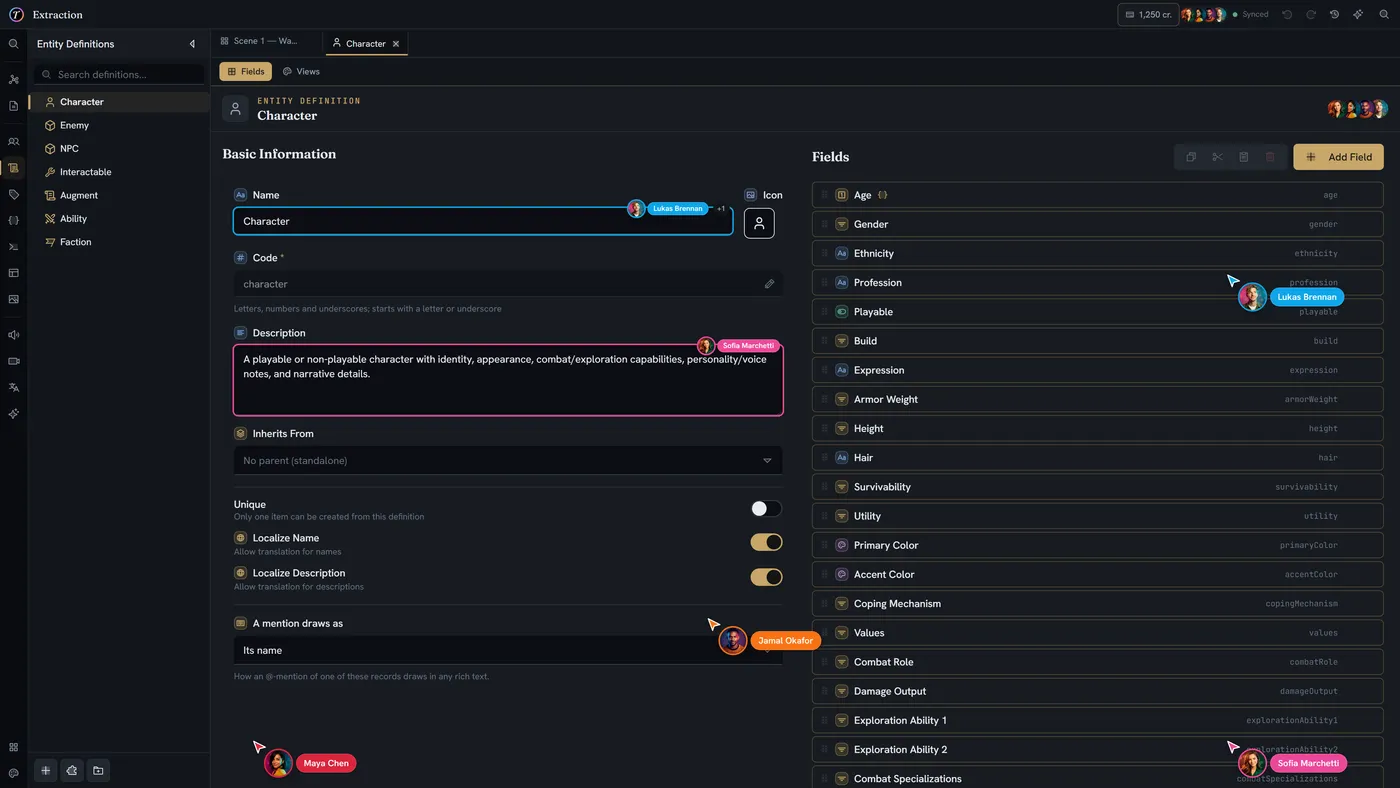An entity definition being edited, showing the typed fields that make up a character.