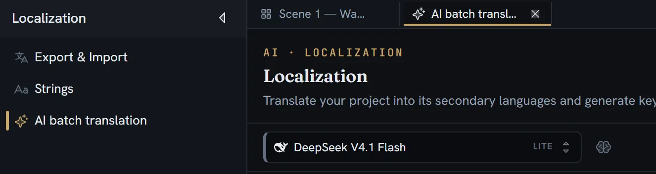 AI batch translation open as a tab: the Localization list with its three pages, and the page's head with its model selector.