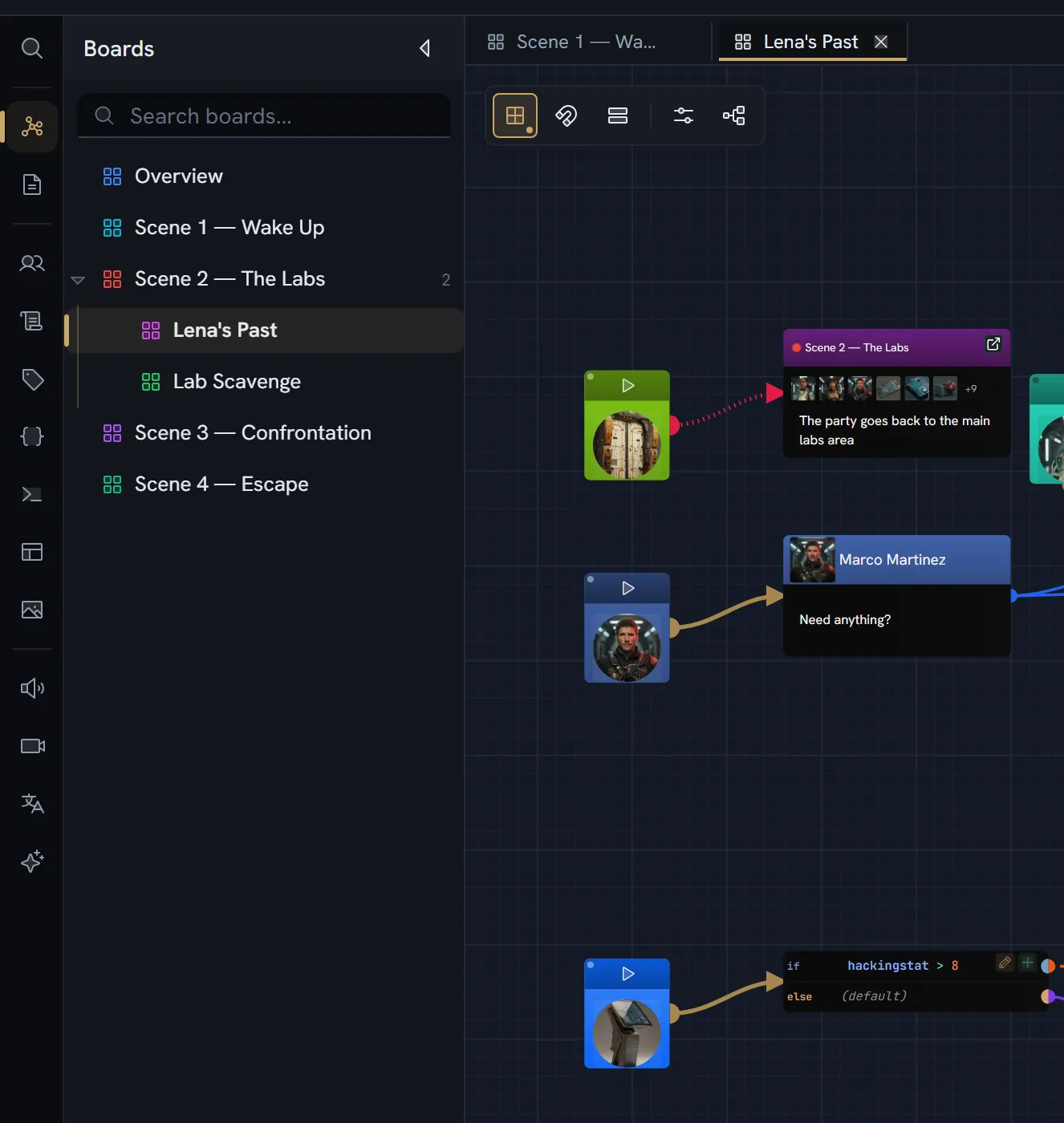The Node Editor: the Boards drawer listing every board in the project — Overview, four numbered scenes, and two nested inside Scene 2 — with the open board's canvas beside it.