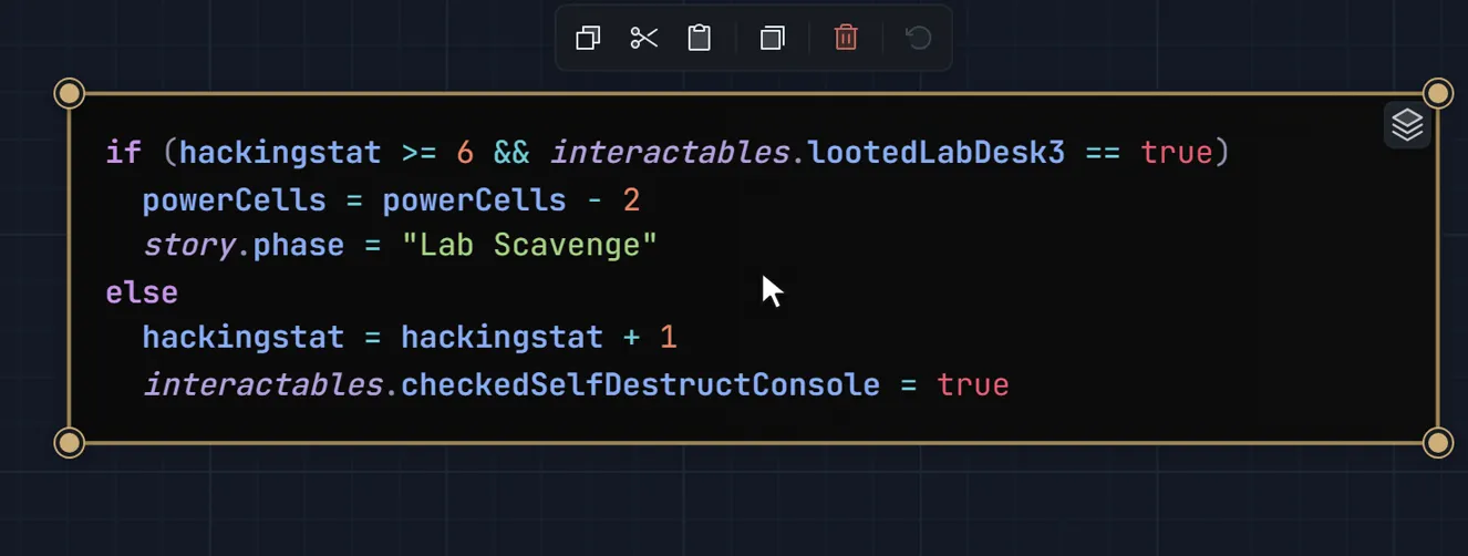 A code node on the canvas holding an if/else block: it reads hackingstat and an interactable flag, then subtracts power cells, sets a story phase, and otherwise raises hackingstat.