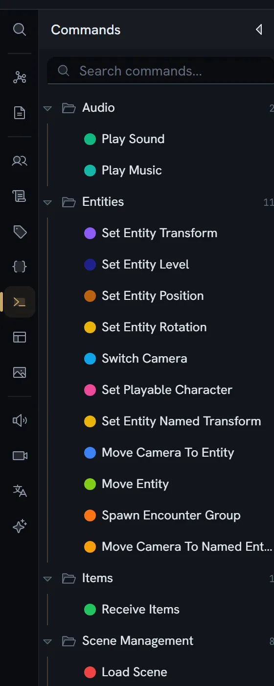 The Commands drawer: commands grouped into folders — Audio, Entities, Items, Scene Management — each row carrying its own colour.