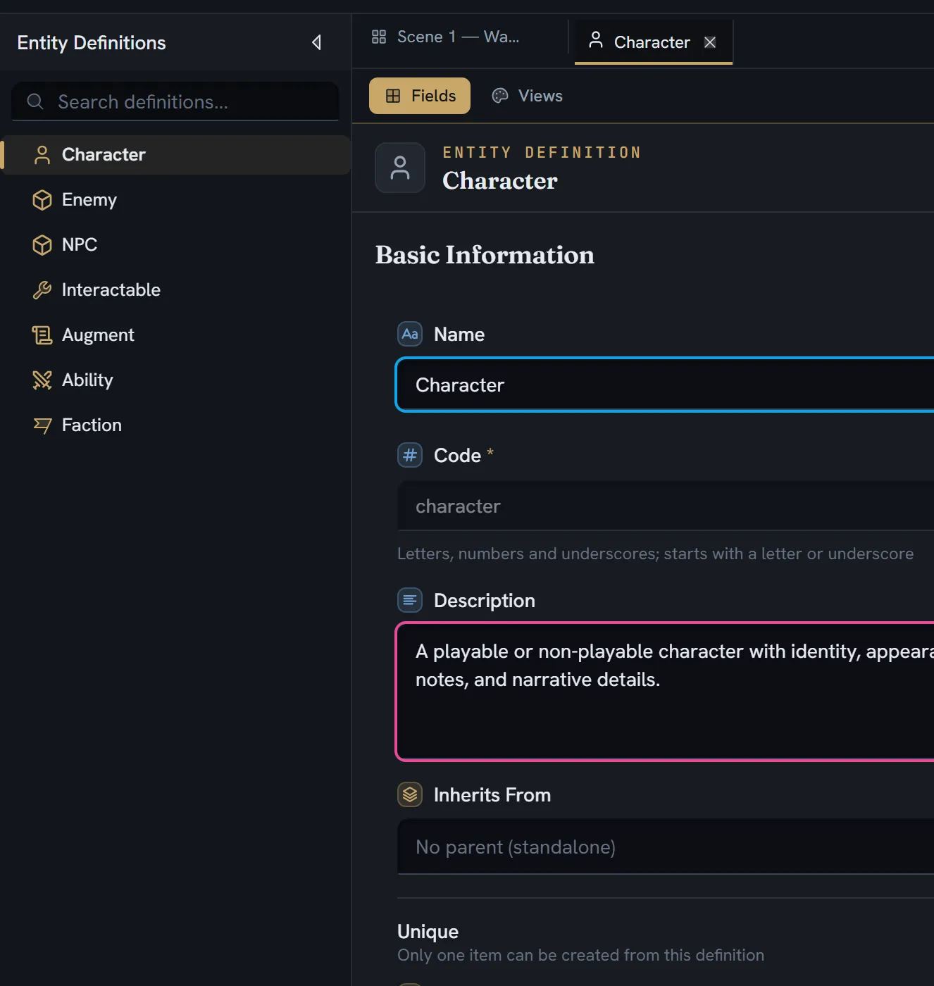 The Entity Definitions tree — Character, Enemy, NPC, Interactable, Augment, Ability — with the Character definition open on its Fields tab, showing Name, Code and Description.