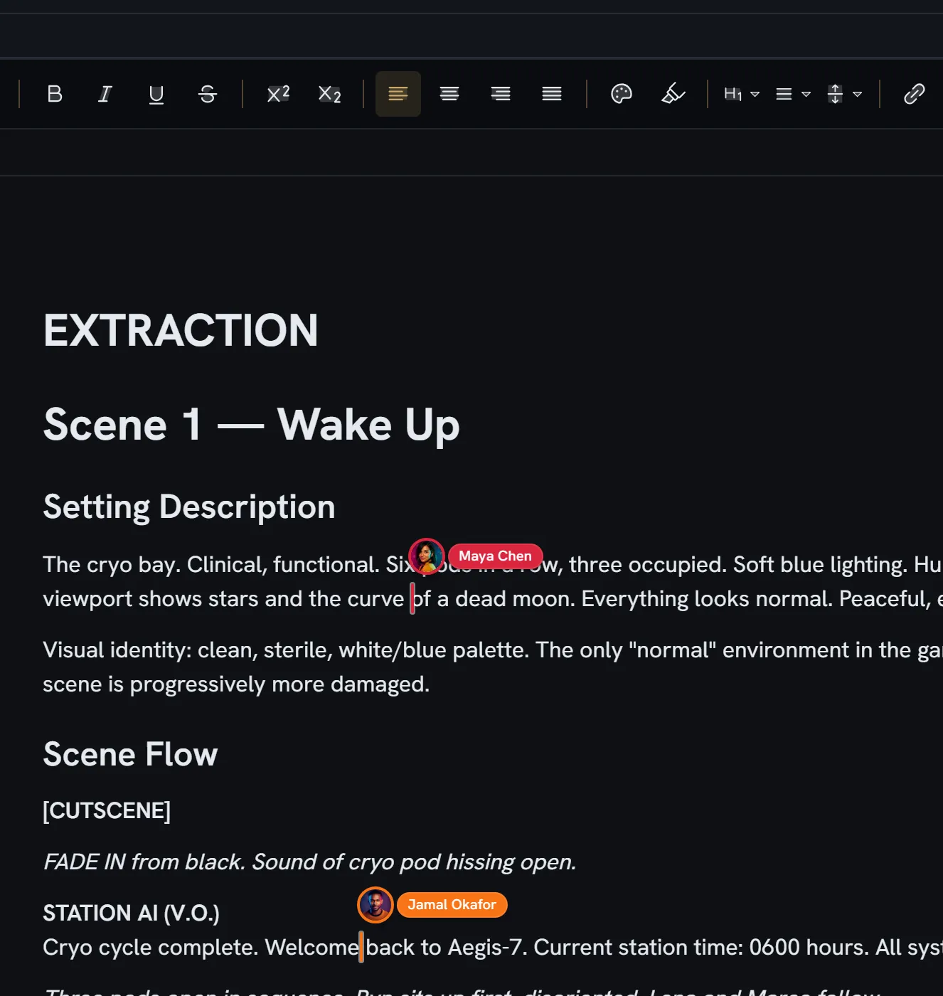 A prose document open in the editor — a title, a Setting Description and a Scene Flow with character cues — with two collaborators' name pills in the text.