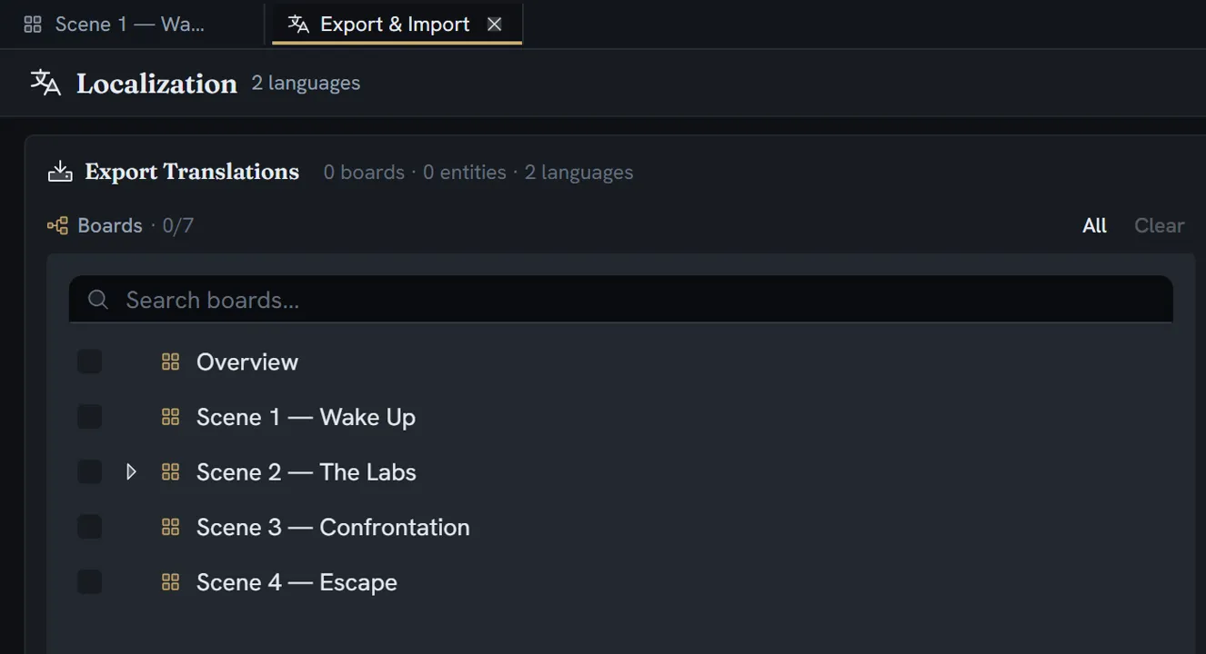 The Export & Import page, opened from the Localization list, listing the project's boards with checkboxes and a running count of what has been selected for export.