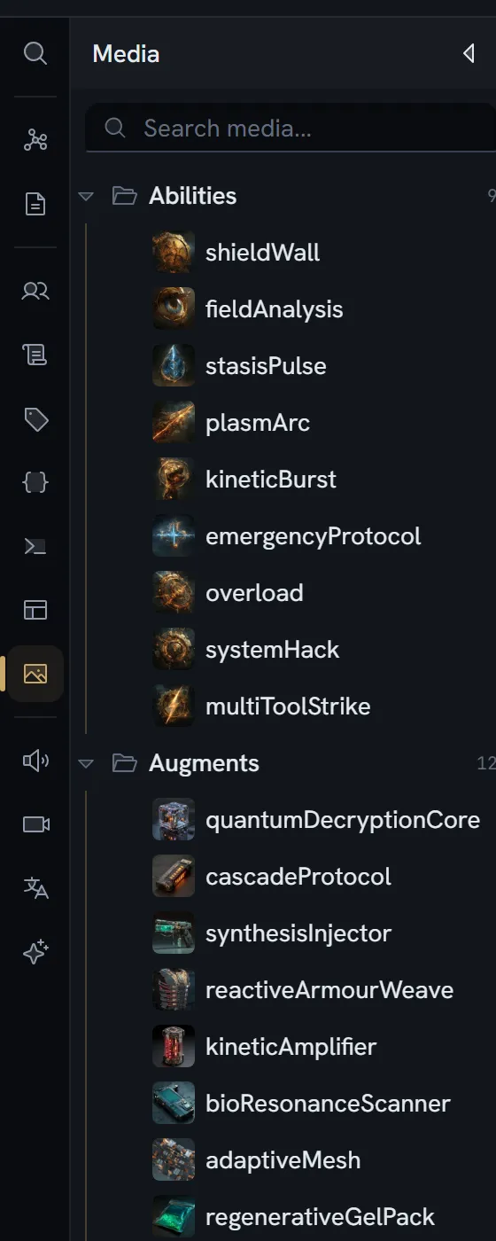 The Media drawer: an Abilities folder of nine items and an Augments folder of twelve, each row carrying its own thumbnail.