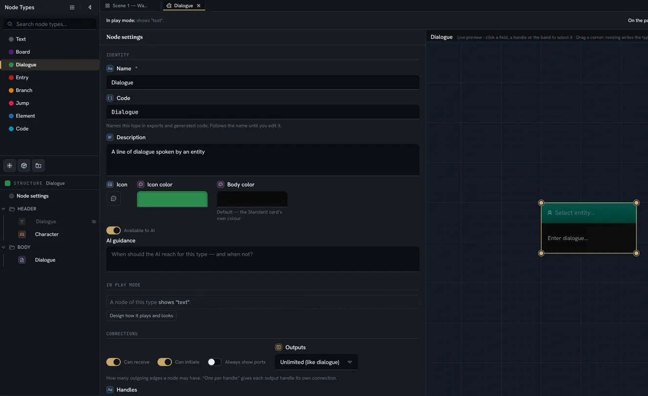 The Node Types section: the drawer holds the tree of types above the open type's Structure tree, and the type's tab holds its inspector with the live preview beside it.