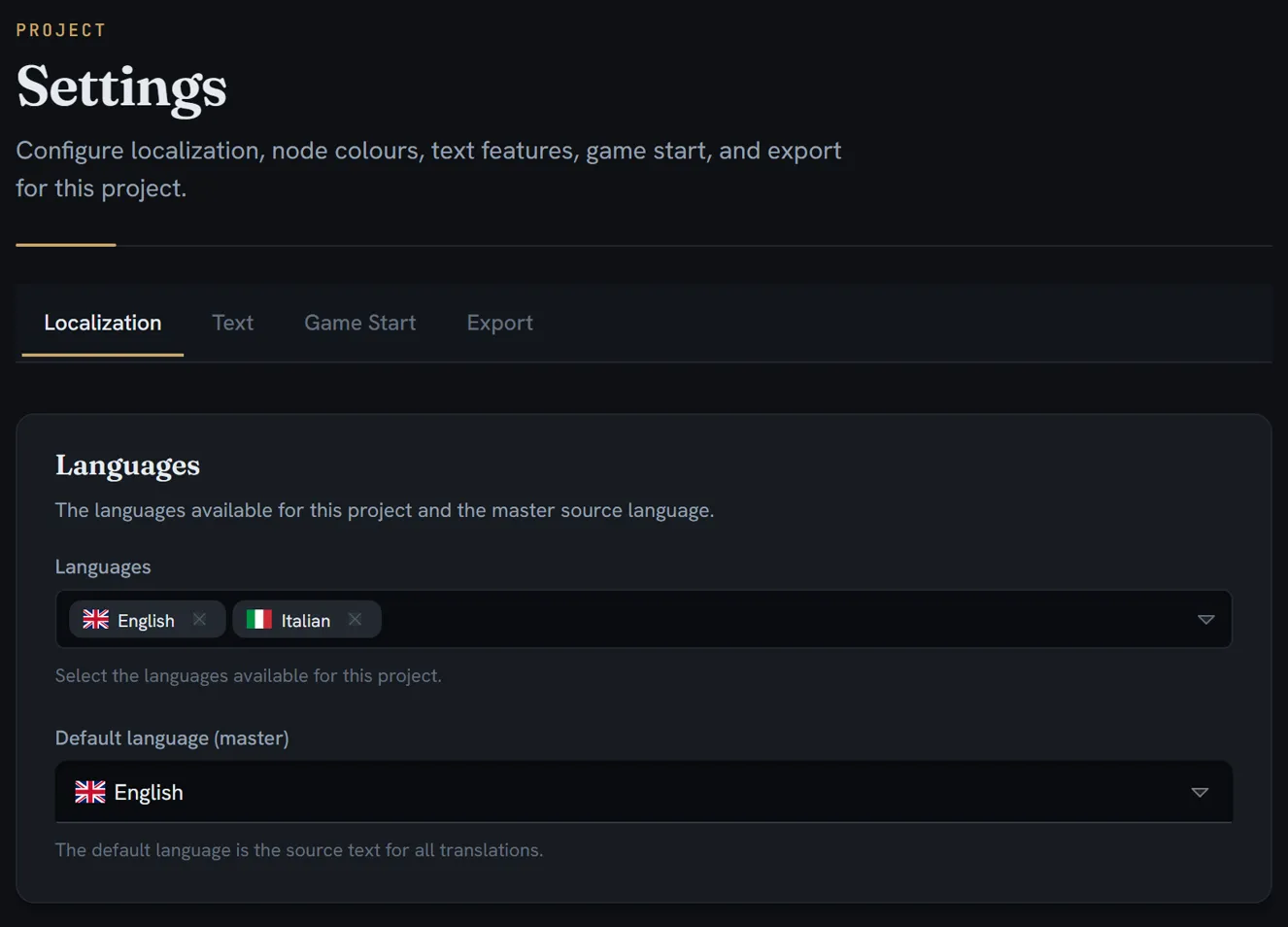 Project settings on its Localization tab: the languages available for the project — English and Italian — and the default language that translations are made from.