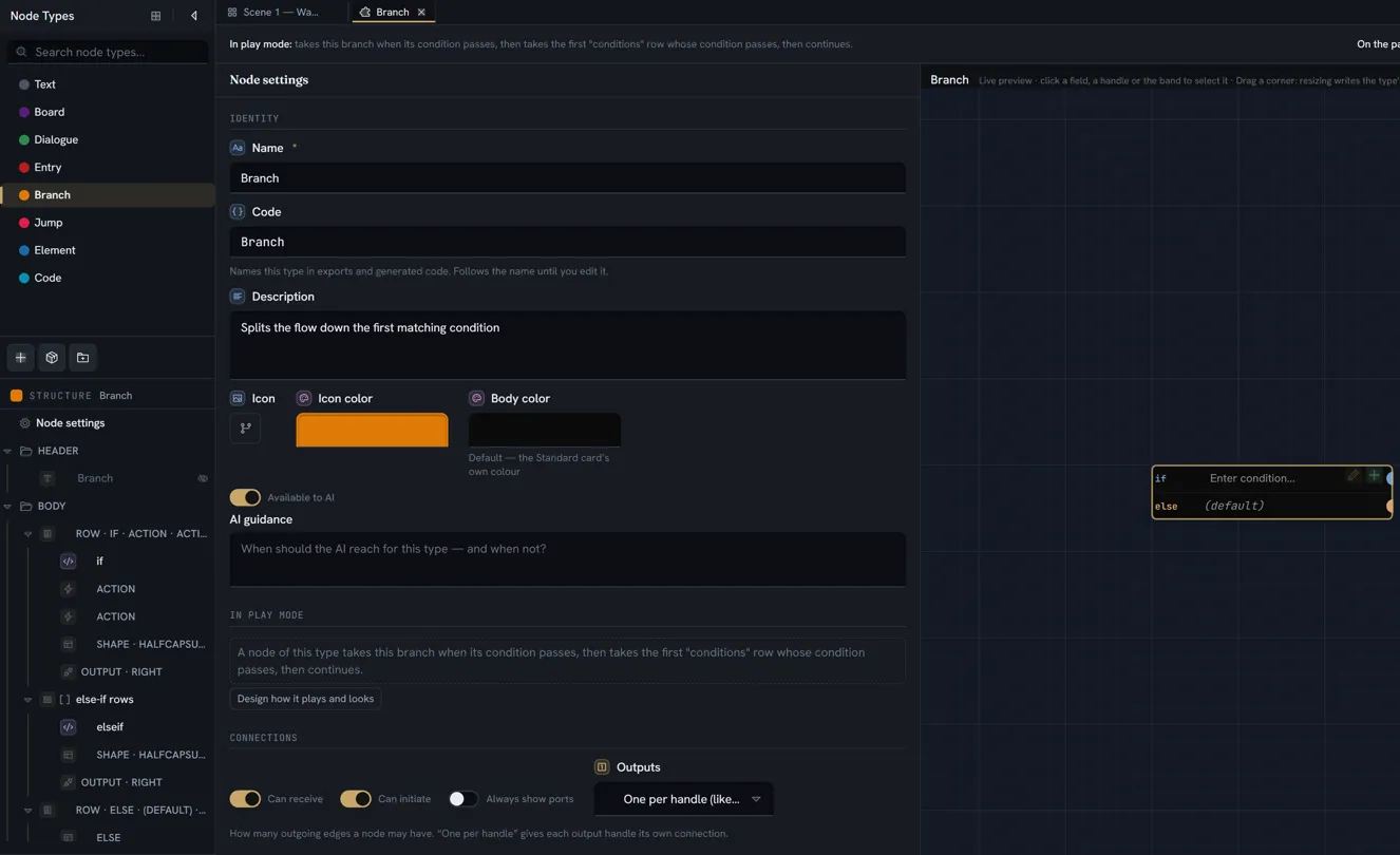 A node type open in its builder tab: the Structure tree in the drawer with its HEADER and BODY folders, and the type's tab holding the live preview and the inspector.