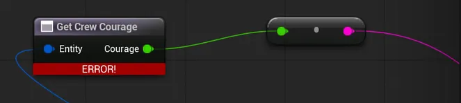 A Get Crew Courage node, still wired into the graph, with a red ERROR bar beneath it after a sync removed the Courage field.