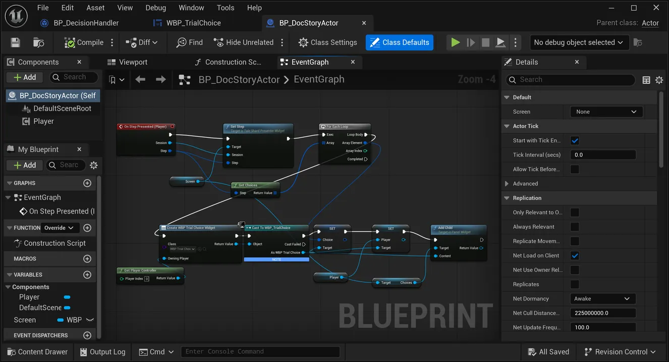 The actor's On Step Presented graph: Set Step on the screen with the Session and the Step, then a For Each Loop over Get Choices that creates a choice button, sets its Choice and Player, and adds it to the screen's Choices panel.