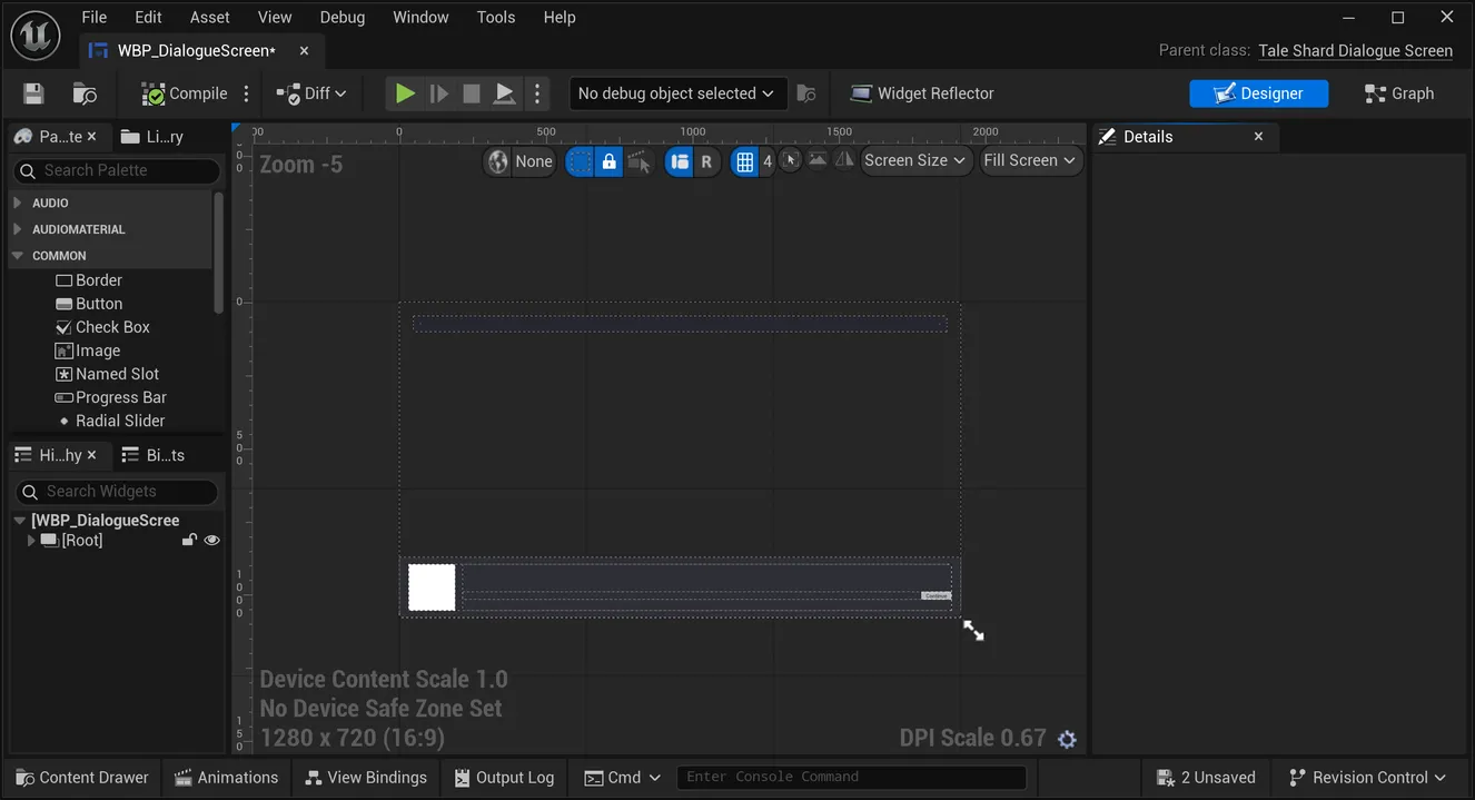 The screen Create New made, WBP_DialogueScreen, open in the Widget Designer: its parent class is Tale Shard Dialogue Screen, and the canvas shows the layout of the default screen, a strip along the bottom with the portrait box on the left.