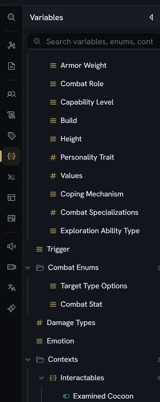 The Variables drawer: loose variables at the top, then the Combat Enums folder, then Contexts with the Interactables context expanded.
