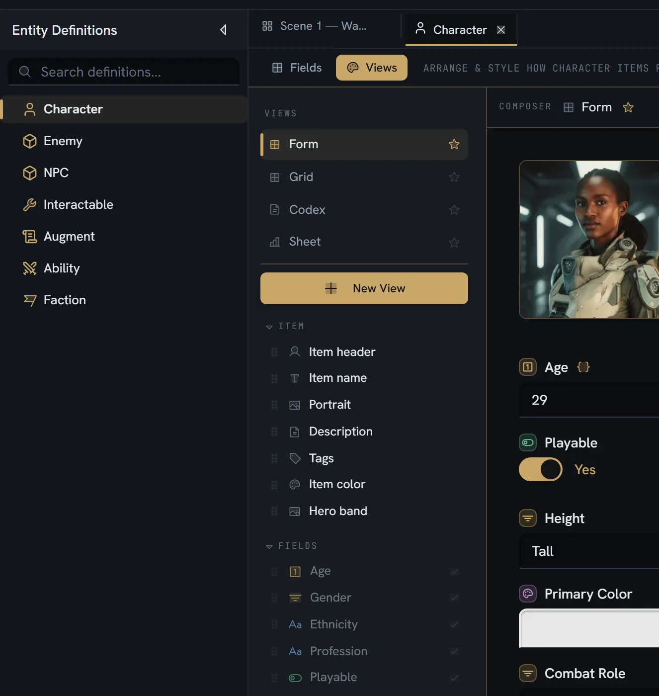 The Views tab: the definition's four saved views listed on the left, the block palette of item parts and fields beneath them, and the composer canvas showing the layout being assembled.