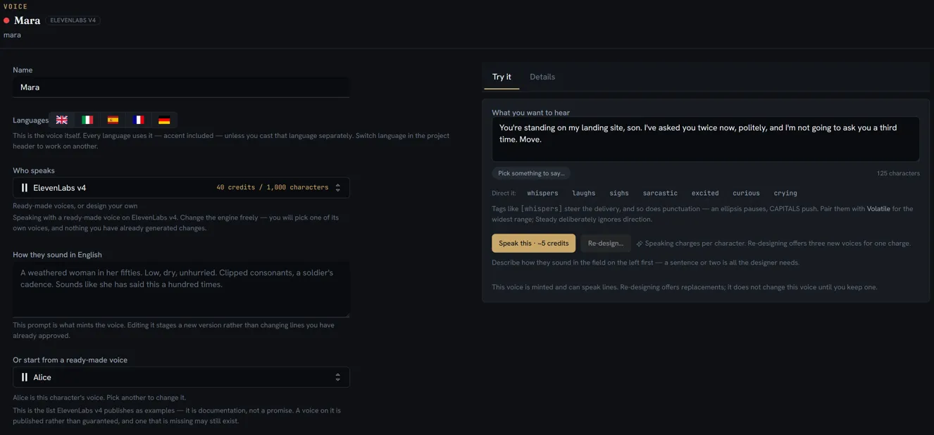 One voice open on its page: its name, the project's languages, the description of how they sound, and the Try it panel with a passage and its direction tags.
