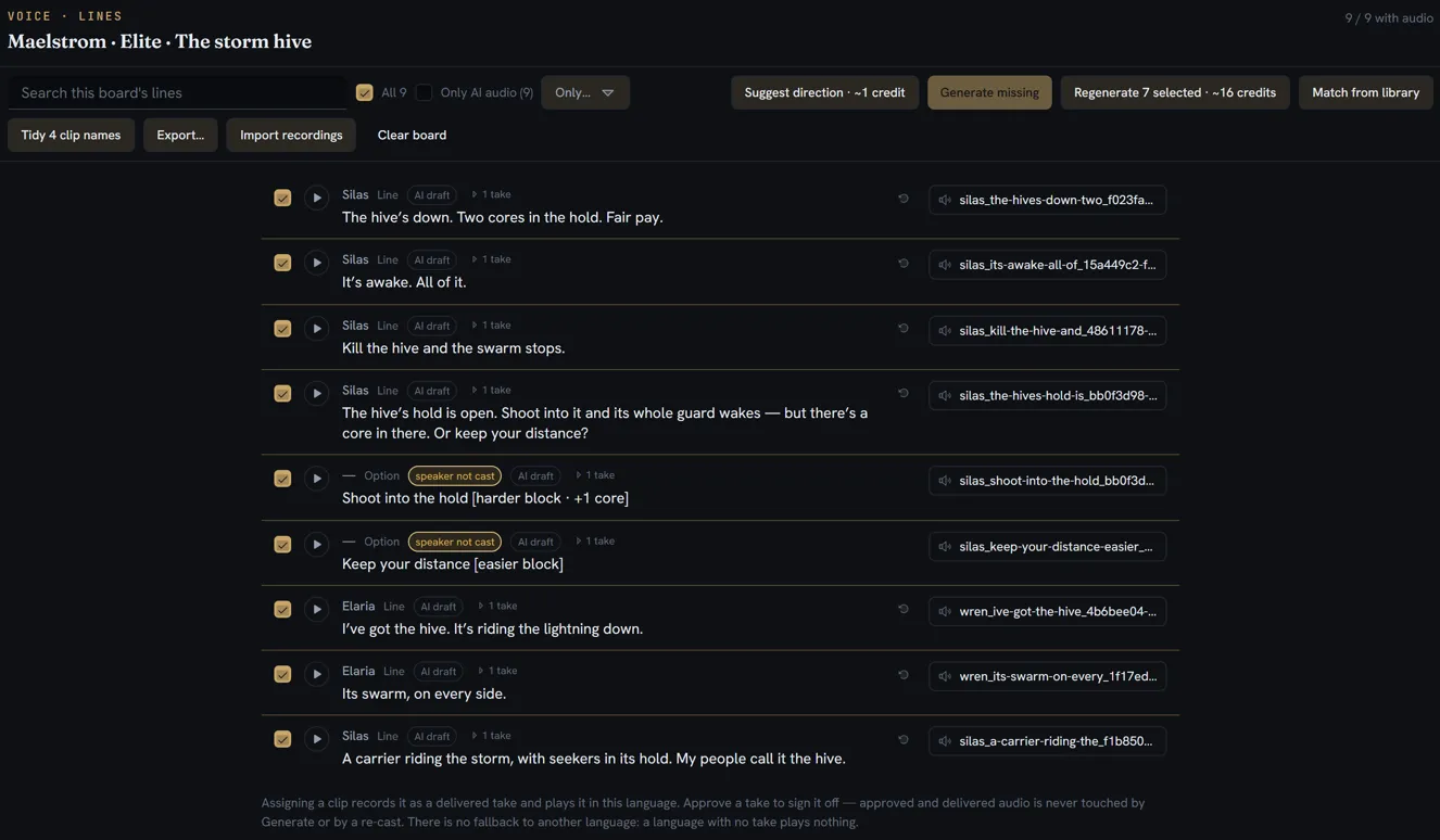 The Lines page on one board: lines from two speakers, several with takes open, and the toolbar with Suggest direction, Generate missing, Regenerate selected, Match from library, Export and Import recordings.