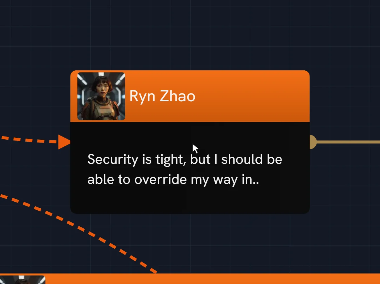 A dialogue card's character portrait is clicked, opening a searchable picker over the project's own entities; typing filters it and choosing Lena Mensah re-renders the card with her portrait.