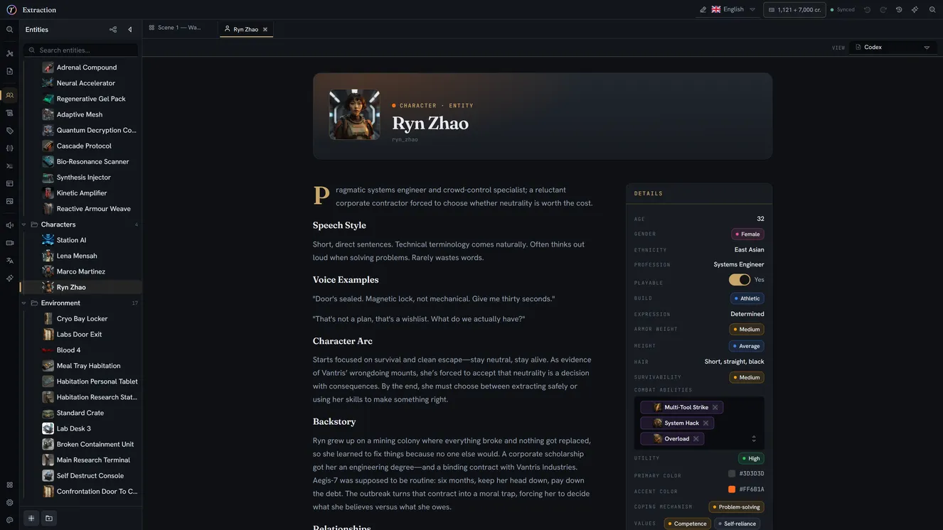 A character rendered as an editorial codex page — a lead portrait, prose sections for backstory and voice, and a details infobox with typed values.