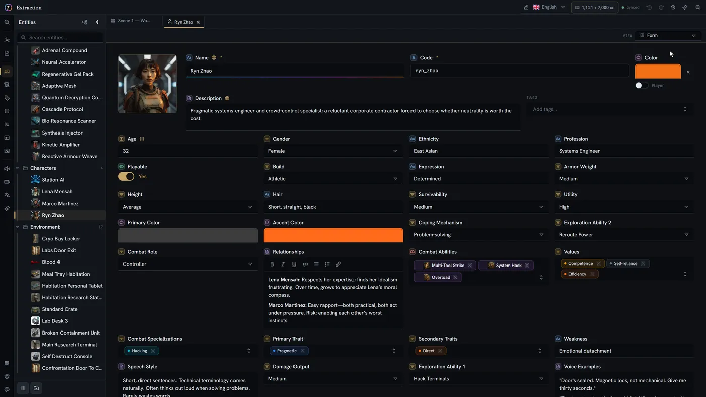 One character record shown as an editing form, then as an editorial codex page, then as a stats sheet — the same fields, three named views, switched from the item itself.