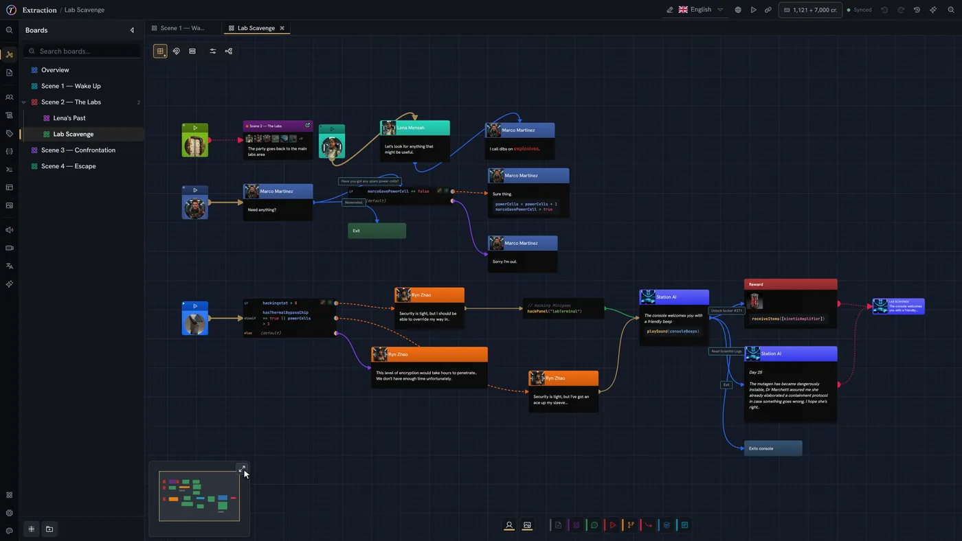 A story board in the editor. A branch node's editor opens over it, showing the condition builder: an "if" clause testing Hacking Stat greater than 8, then an "else if" holding two clauses joined by OR — Has Thermal Bypass Chip equals true, or Power Cells greater than 1.