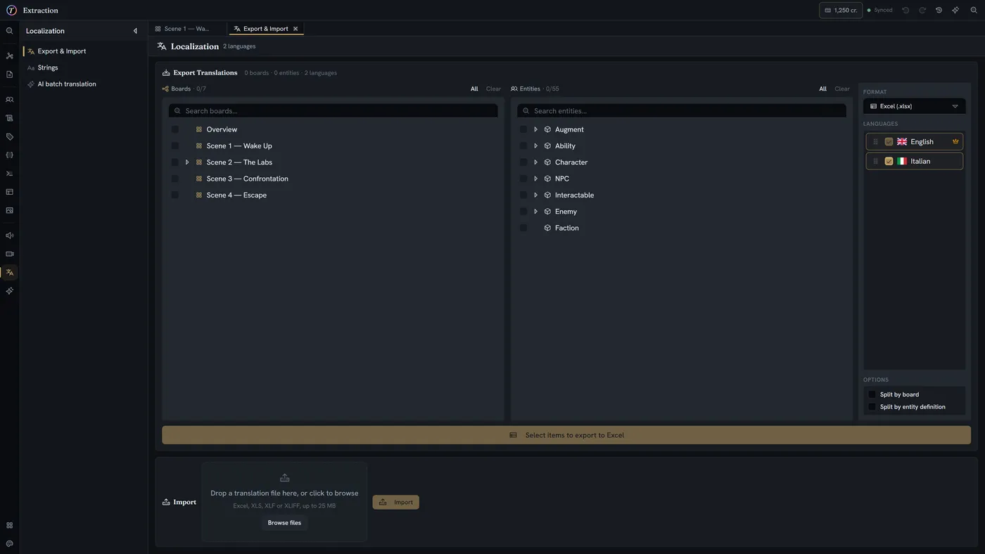 The localization export screen — boards and entities selectable, target languages listed, exporting to Excel.