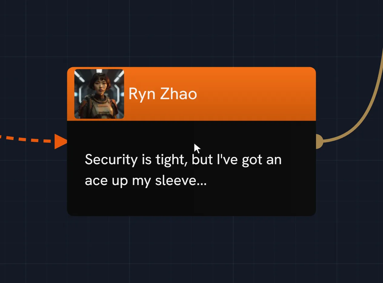 A dialogue card being edited. Ryn's line continues "Still got the", and typing an @ opens a picker listing the project's own entities; choosing the Thermal Bypass Chip turns the text into a live reference to that item.