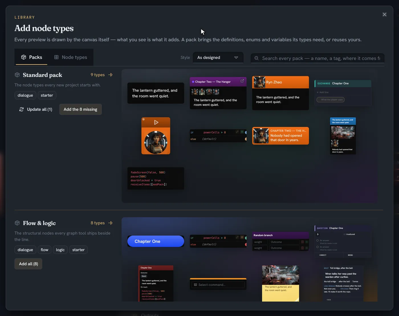 The node type Library: packs listed with live previews drawn by the canvas. The Style picker is switched from As designed to Compact, Manuscript and Rig, and every preview redraws in that style.
