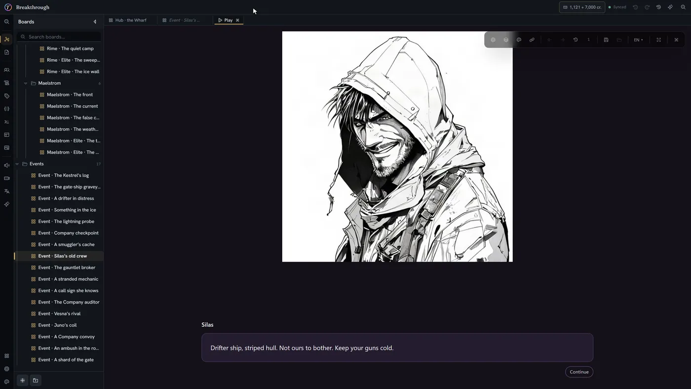 A story playing inside the editor, a character's portrait above each line: Silas speaks, Elaria answers, then asks "What do we tell them?" — three choices, two greyed out because the player can't afford them; the open one is taken and Silas replies.