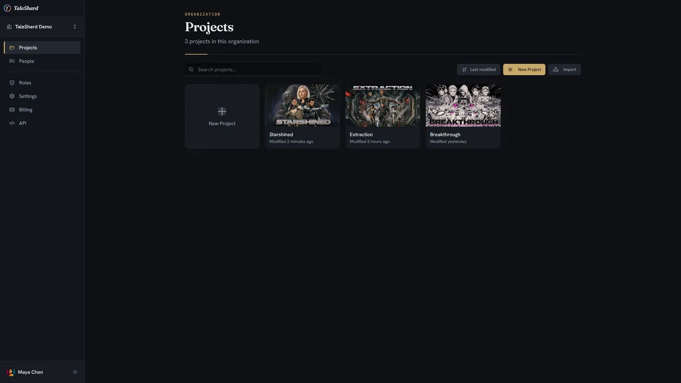 The organization's projects screen: Starshined, Extraction and Breakthrough as cards with their cover art, beside navigation for people, roles, settings and billing.