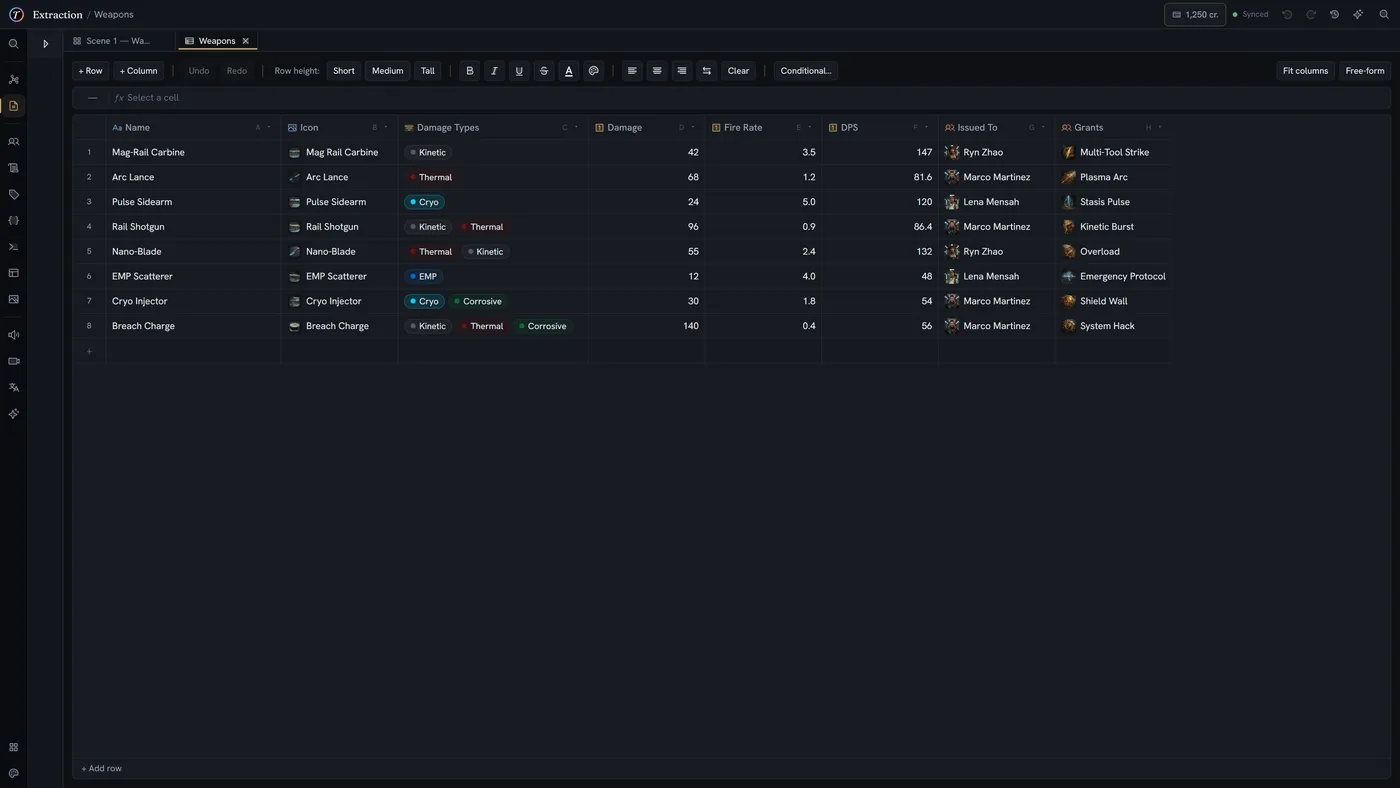 A TaleShard spreadsheet of weapons: thumbnail and multi-select damage-type columns, numeric damage and fire-rate columns, a computed DPS column, and two entity-reference columns rendering as pills. An entity-reference cell opens its picker, then a damage value is retyped and the DPS column recomputes.