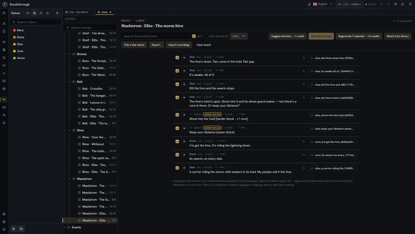 The Lines view for one board: nine spoken lines and player options from two characters, Silas and Elaria, each with a play button, its take count, and the audio clip assigned to it.